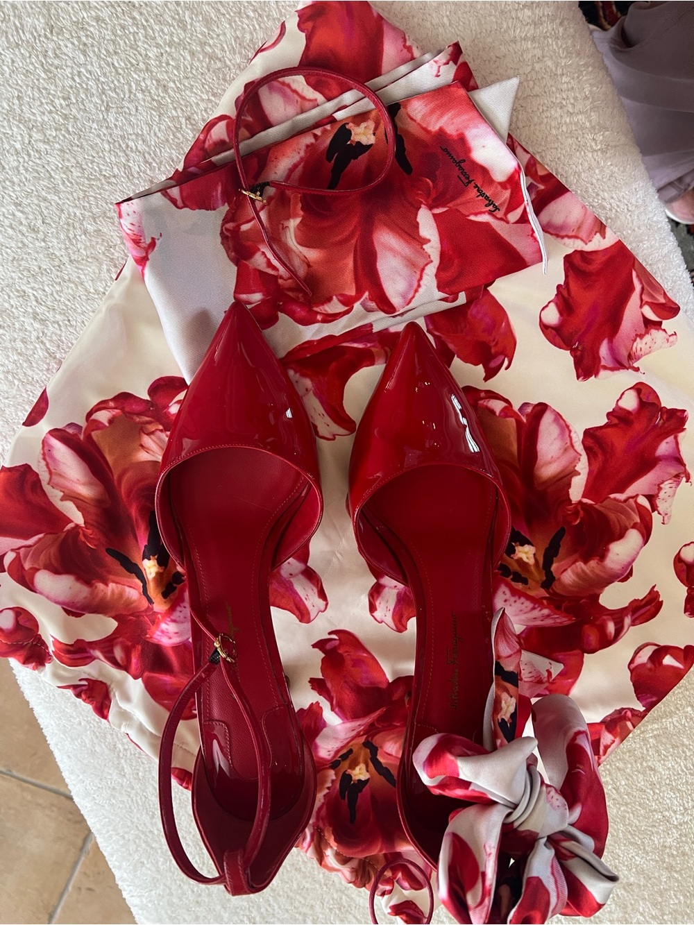 Salvatore Ferragamo Red Patent Pointed-Toe Slingback Pumps with Ankle Tie - Picture 9 of 10
